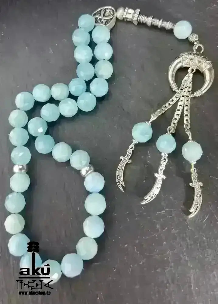 Natürlicher Peridot oder Aquamarin Tesbih, Edelstein, islamische Misbaha, Herz und Hals chakras, 925 Sterling Silbere Quaste - AkueShop