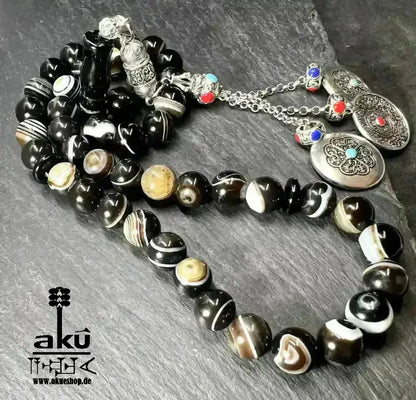 Natürlicher Sulämani Achat Tesbih, 45 Akik Edelsteinperlen, islamisches Misbaha, Wurzelchakra Heilungsenergie schöne Quaste - AkueShop