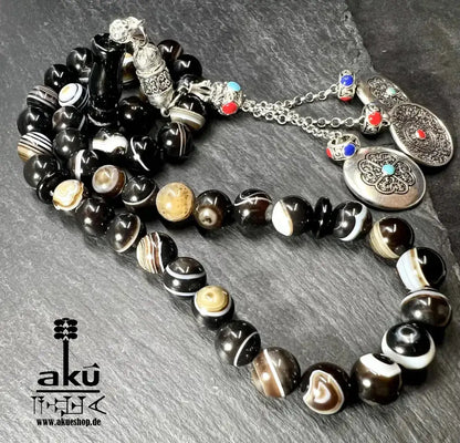 Natürlicher Sulämani Achat Tesbih, 45 Akik Edelsteinperlen, islamisches Misbaha, Wurzelchakra Heilungsenergie schöne Quaste - AkueShop