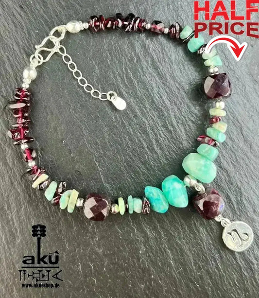 Natürliches Granat - und Amazonit - Armband, Januar - Glücksstein, Steinbock Sternzeichen 925er Silber, Herz und Halschakra - Energie - AkueShop