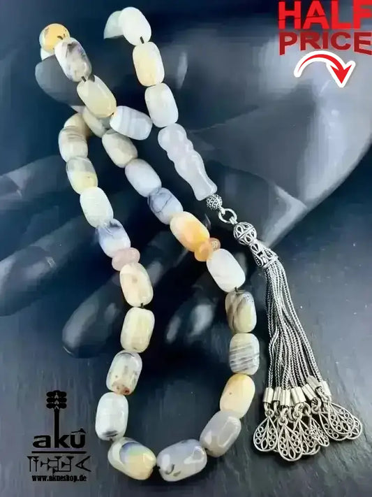 Natürliches Sakura Achat Tesbih, groß 14mm, 925er Silbere Quaste, Heilungsenergie Herz chakra - AkueShop