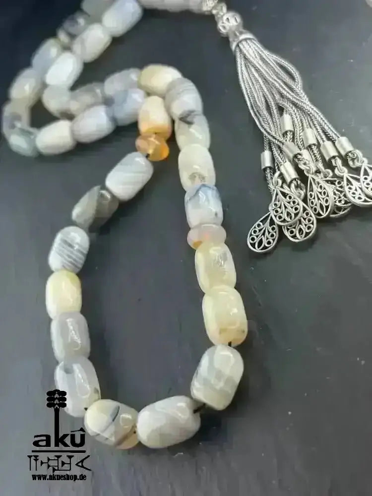 Natürliches Sakura Achat Tesbih, groß 14mm, 925er Silbere Quaste, Heilungsenergie Herz chakra - AkueShop