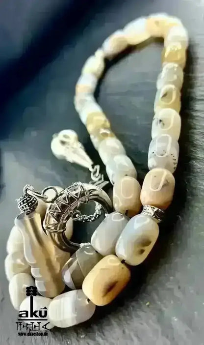 Natürliches Sakura Achat Tesbih, groß 14mm, 925er Silbere Quaste, Heilungsenergie Herz chakra - AkueShop