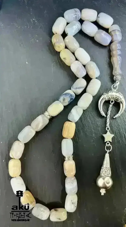 Natürliches Sakura Achat Tesbih, groß 14mm, 925er Silbere Quaste, Heilungsenergie Herz chakra - AkueShop
