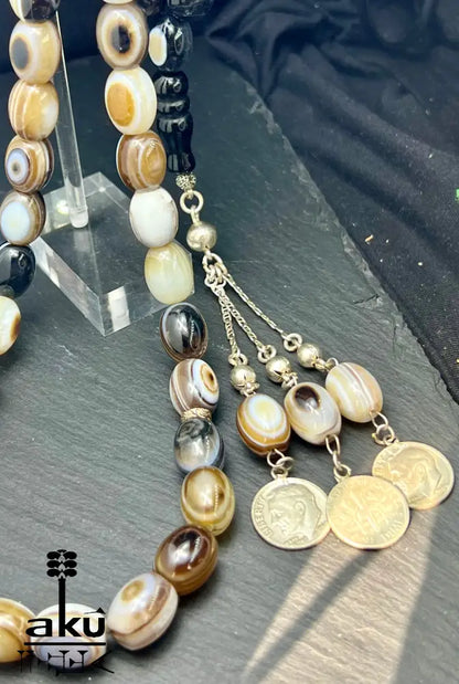 Natürliches Sulemani Akik Achat Tasbih, groß 15mm, 925er Silbere Quaste, Heilungsenergie Reiki, Wurzelchakra, AkueShop.