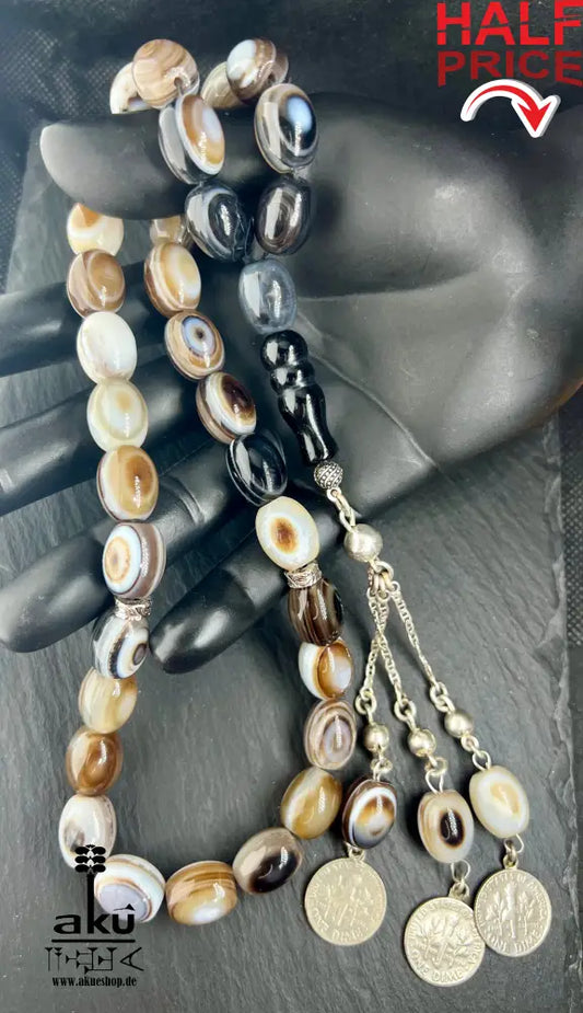 Natürliches Sulemani Akik Achat Tasbih, groß 15mm, 925er Silbere Quaste, Heilungsenergie Reiki, Wurzelchakra, AkueShop.