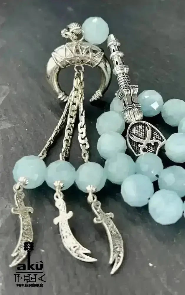 Natürlicher Peridot oder Aquamarin Tasbih, Edelstein, islamische Misbaha, Herz und Hals chakras, 925 Sterling Silbere Quaste - AkueShop