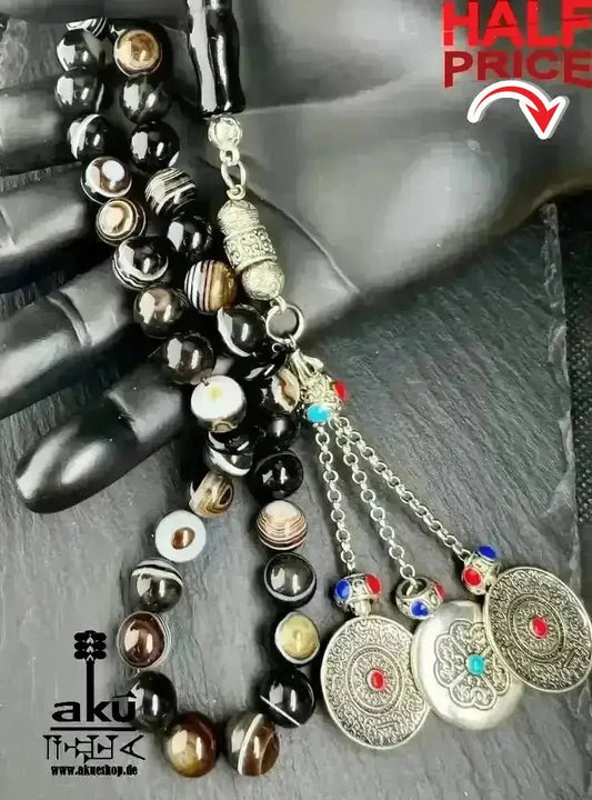 Natürlicher Sulämani Achat Tesbih, 45 Akik Edelsteinperlen, islamisches Misbaha, Wurzelchakra Heilungsenergie schöne Quaste - AkueShop