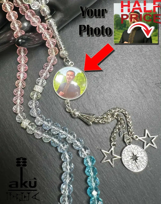 Personalisierte Tasbih mit Foto-Medaillon Kristallperlen Gebetskette Geschenk zu Ramadan & Eid Tasbih