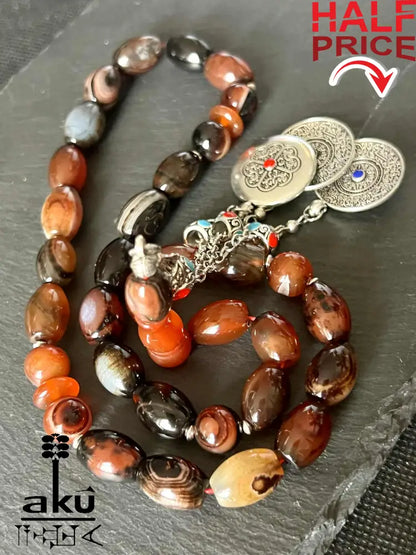 Handgefertigte Gebetskette aus rotem Jemen-Achat mit silberfarbener Quaste, 925-Silber-Zwischenteilen, spirituelle Tasbih