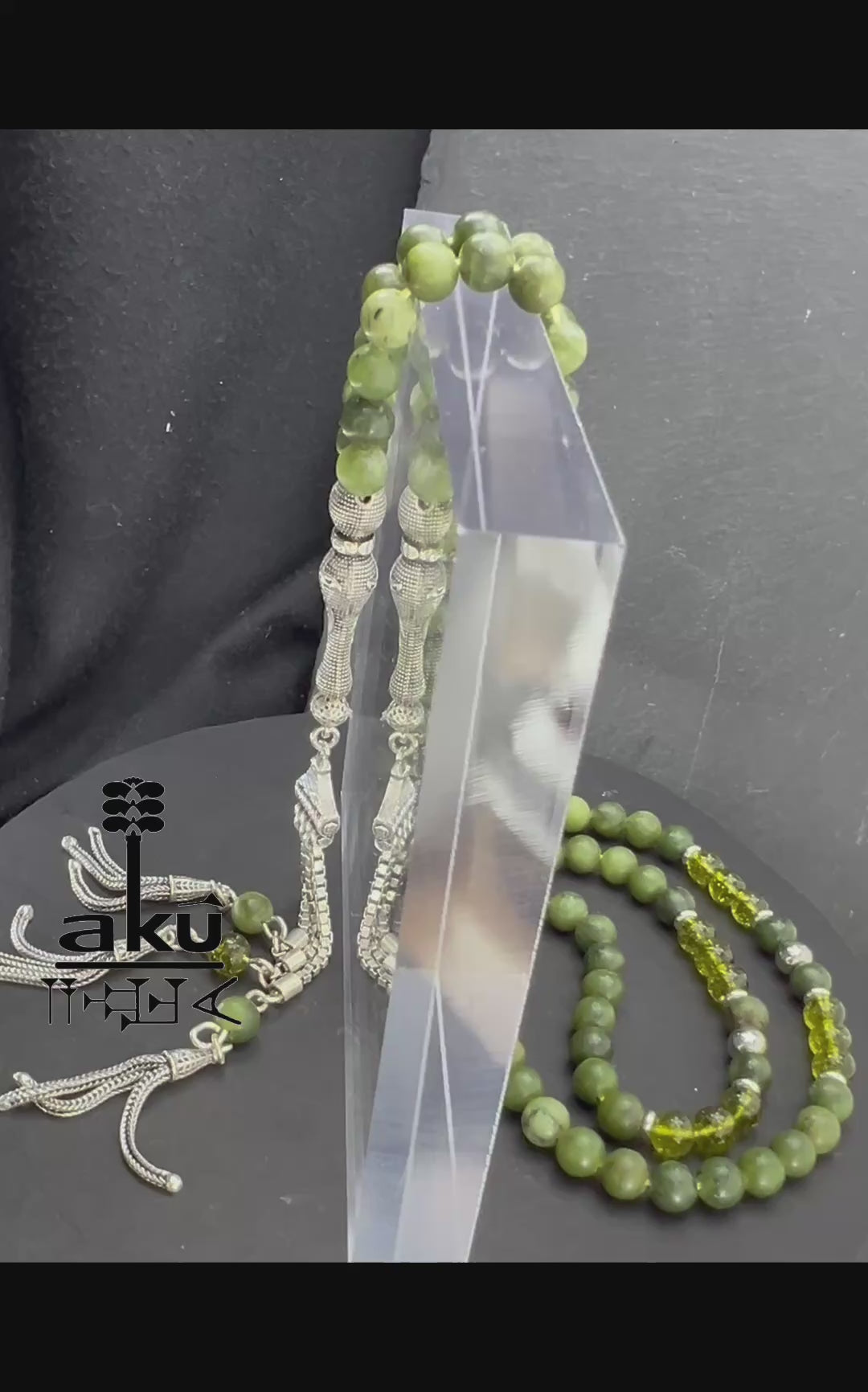 Grüne Jade & Peridot 99‑Perlen Tasbih mit 925 Silber Zulfiqar‑Schwert Imame – handgefertigte islamische Gebetskette