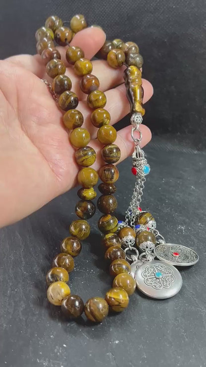 Tiger eye Tesbih 45, natural stone, Islamic Misbaha, chakras healing energy, beautiful traditional tassel