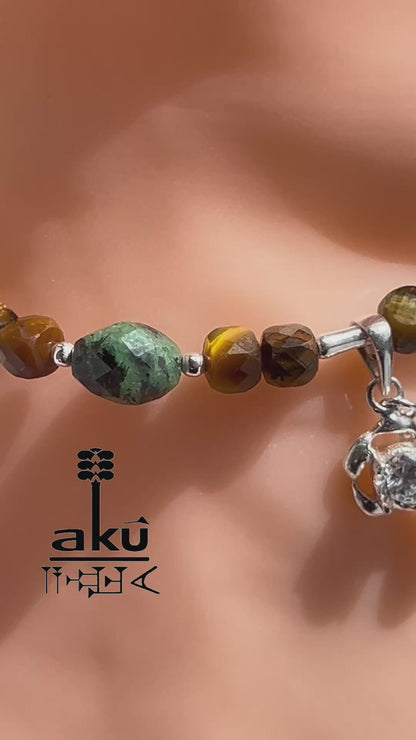 Tigerauge & Zoisit fußkette, natürlich edelstein, handgefertigte schmuck aus 925er Silber, AkueShop Produkte