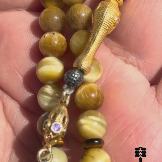 Natuerlicher goldene Katzeauge Stein Tasbih, islamische Misbaha, 925er Silber vergoldete Quaste