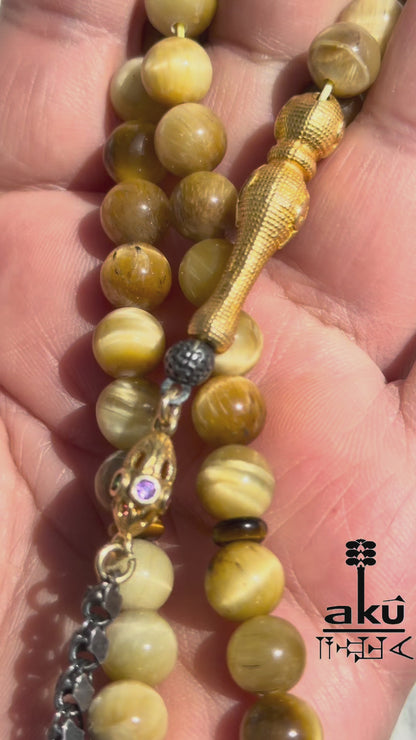 Natuerlicher goldene Katzeauge Stein Tasbih, islamische Misbaha, 925er Silber vergoldete Quaste