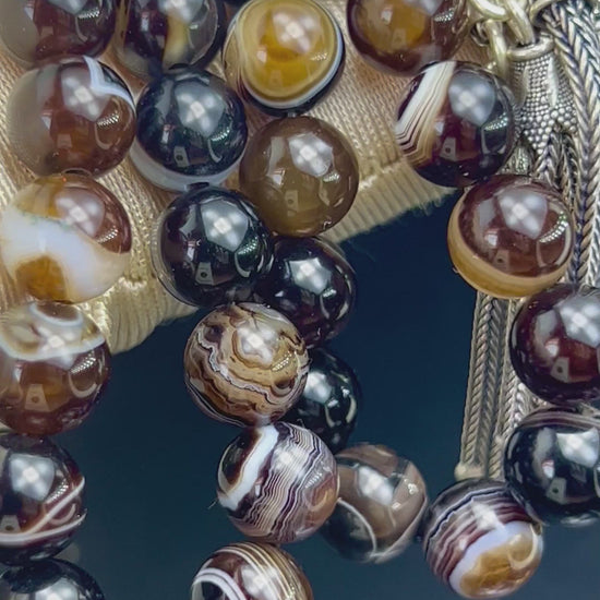 natürlichen Sulemani Tasbih, Jazaa Achat mit gestreiften Perlen, Akik Imame Perle. Sibha schwarzer Sulemany Aqeeq, 925 silbere Quaste, AkueShop Misbaha 