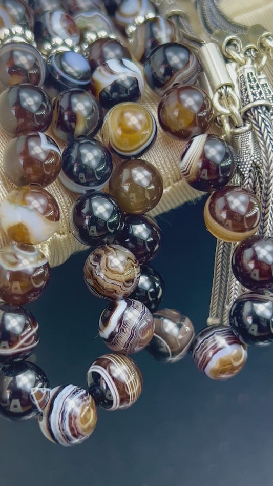 natürlichen Sulemani Tasbih, Jazaa Achat mit gestreiften Perlen, Akik Imame Perle. Sibha schwarzer Sulemany Aqeeq, 925 silbere Quaste, AkueShop Misbaha 