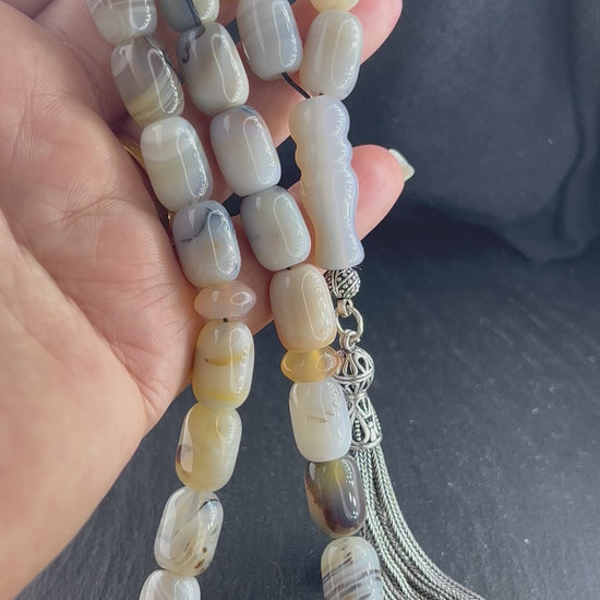 Natürliches Sakura Achat Tesbih, groß 14mm Perlen, 925er Silbere Quaste, Heilungsenergie Reiki, Herz chakra.