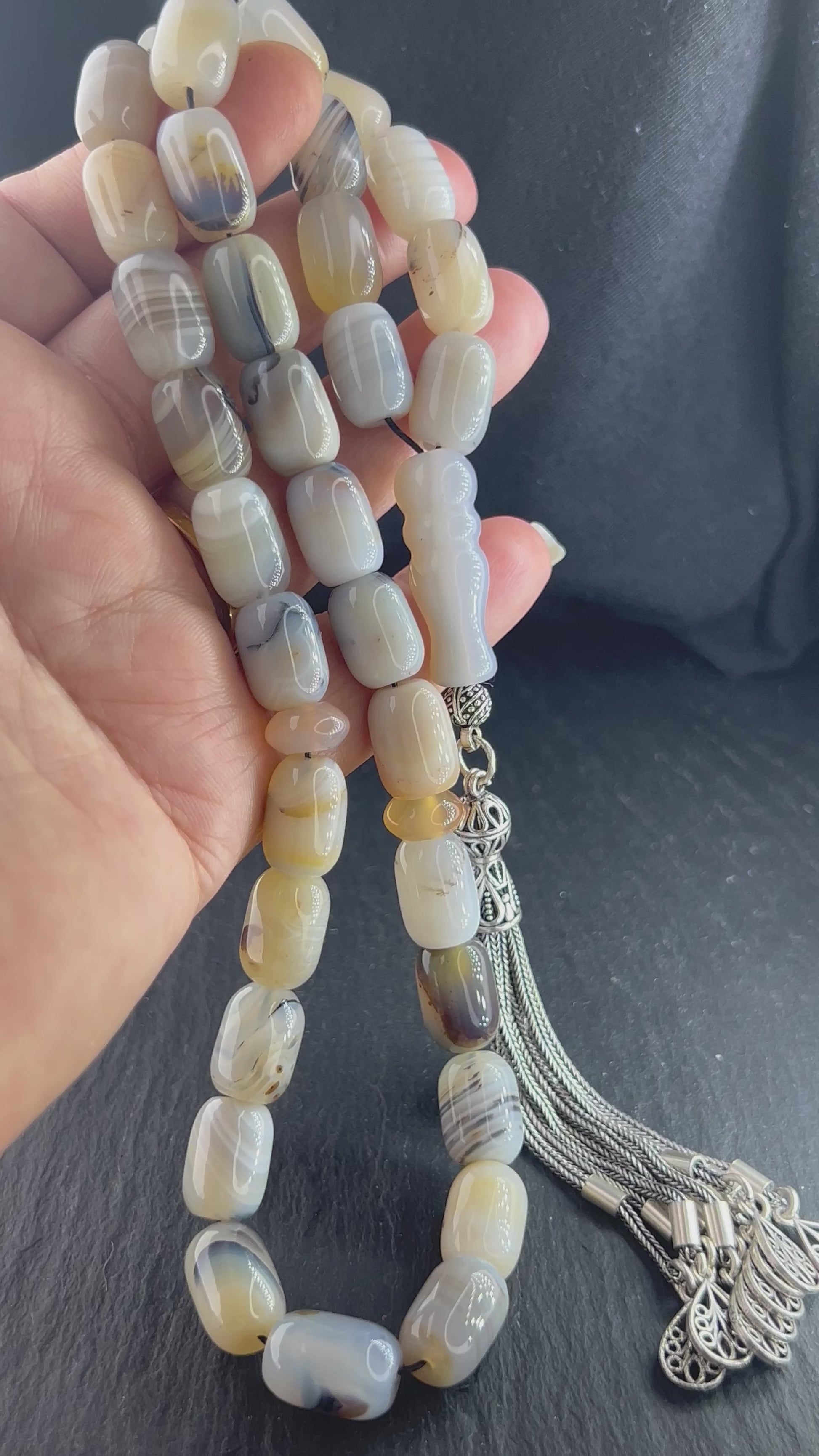 Natürliches Sakura Achat Tesbih, groß 14mm Perlen, 925er Silbere Quaste, Heilungsenergie Reiki, Herz chakra.