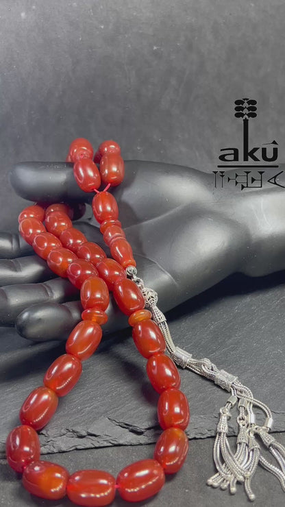 Riesige Akik Tasbih mit 33 ovalen roten Achat-Perlen (12×16mm) und 925 Sterling Silber Quaste, islamische Gebetskette für Herren und Damen