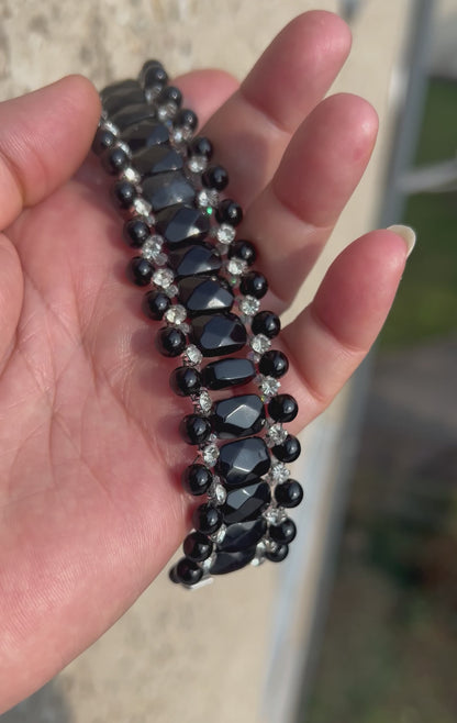 Wide shiny black bracelet made of natural onyx stone, bling bling, stainless steel clasp