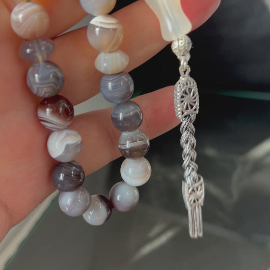 Handgefertigter Tesbih 33, 10mm, natürlicher Botswana Achat Edelstein, islamisches tasbeeh, Misbaha, 925 Sterling Silbere Quaste.
