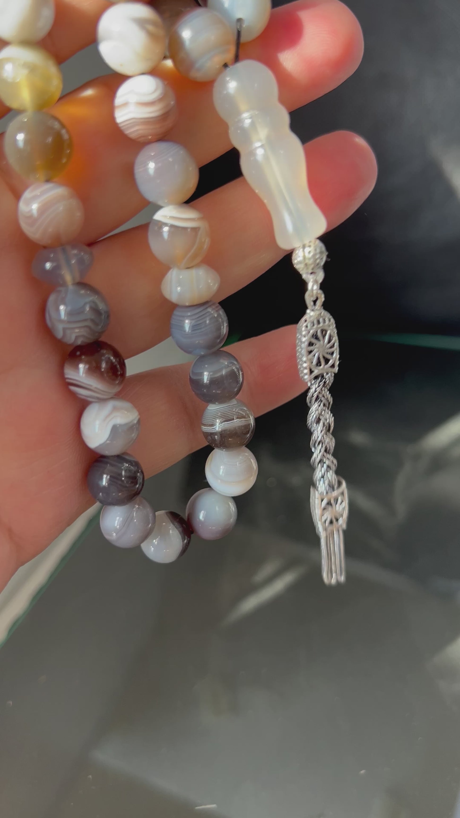 Handgefertigter Tesbih 33, 10mm, natürlicher Botswana Achat Edelstein, islamisches tasbeeh, Misbaha, 925 Sterling Silbere Quaste.