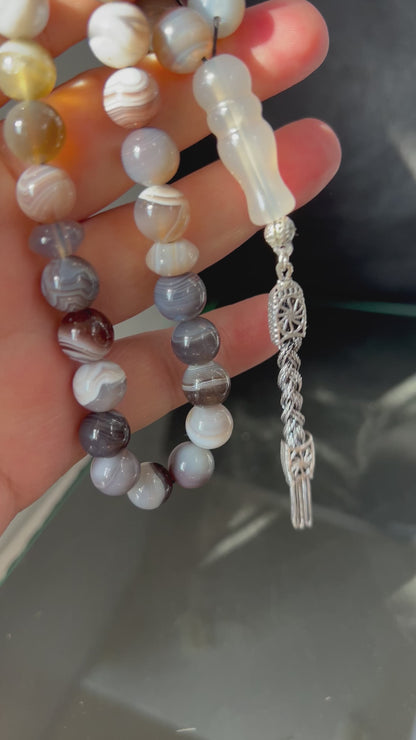 Handgefertigter Tesbih 33, 10mm, natürlicher Botswana Achat Edelstein, islamisches tasbeeh, Misbaha, 925 Sterling Silbere Quaste.