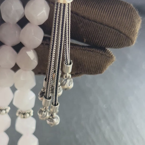 Rosé Quarz Tesbih 45, 10mm, natürlicher Edelstein, Herzchakra,islamische Misbaha, 925 Sterling Silber Quaste.