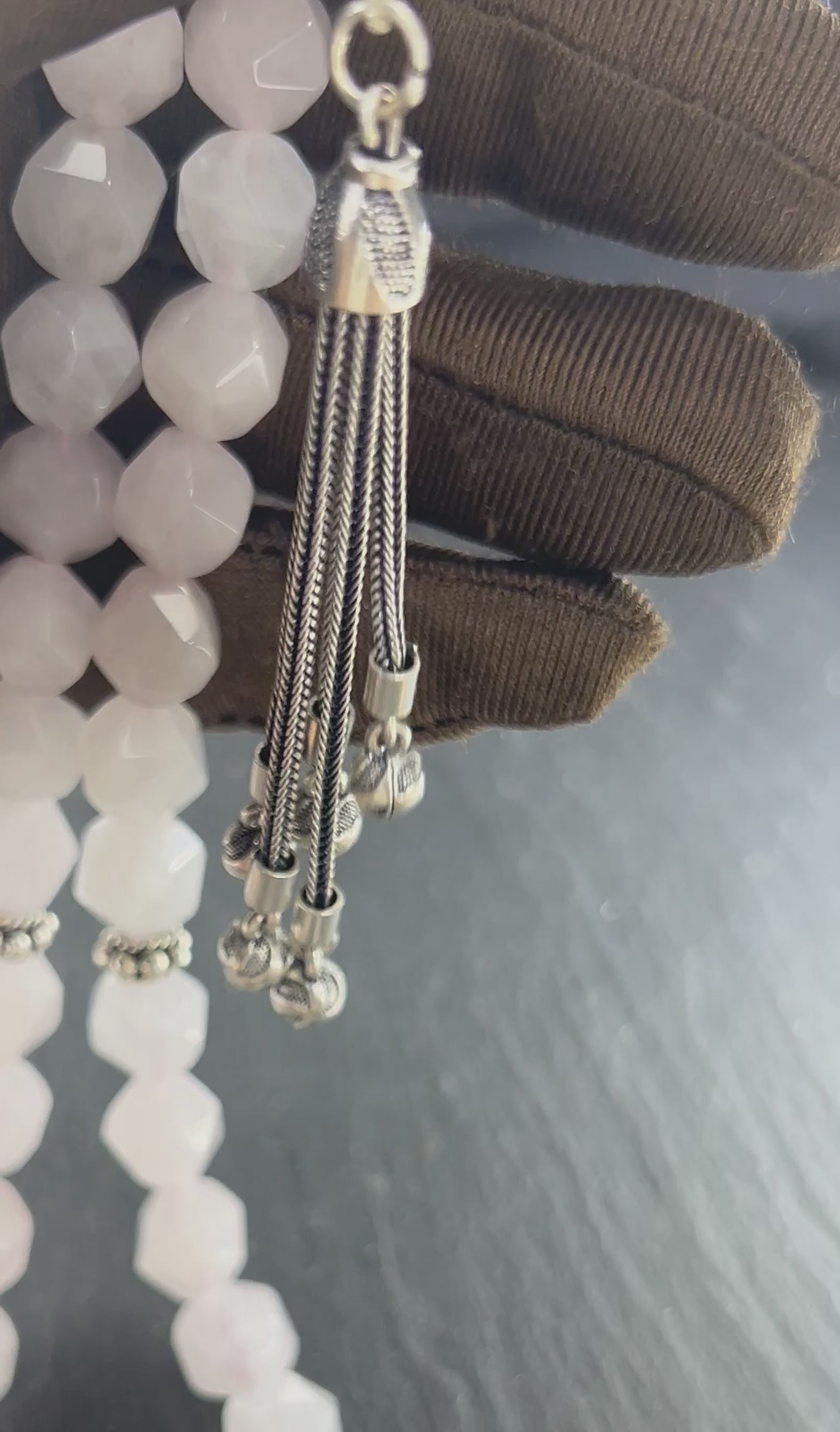 Rosé Quarz Tesbih 45, 10mm, natürlicher Edelstein, Herzchakra,islamische Misbaha, 925 Sterling Silber Quaste.