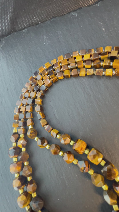 Tigerauge Festoon Halskette, Golden-Feuer Edelstein Schmuck, doppelsträngiges Solarchakra, für Meditationsenergie