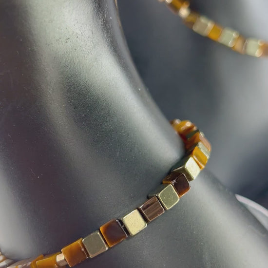 Tigerauge Halskette und Armband, natürliches Edelstein Schmuckset 925er Silber, Solar Plexuschakra Meditationsenergi.