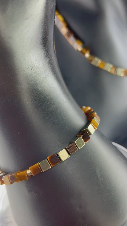 Tigerauge Halskette und Armband, natürliches Edelstein Schmuckset 925er Silber, Solar Plexuschakra Meditationsenergi.