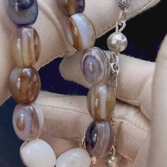 Natürliches Sulemani Akik Achat Tasbih, groß 15mm, 925er Silbere Quaste, Heilungsenergie Reiki, Wurzelchakra, AkueShop.