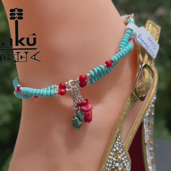 Türkisblau Hawlett und Koralle Fußkette natürliche Edelstein 925er Silber Fußkette, AkueShop