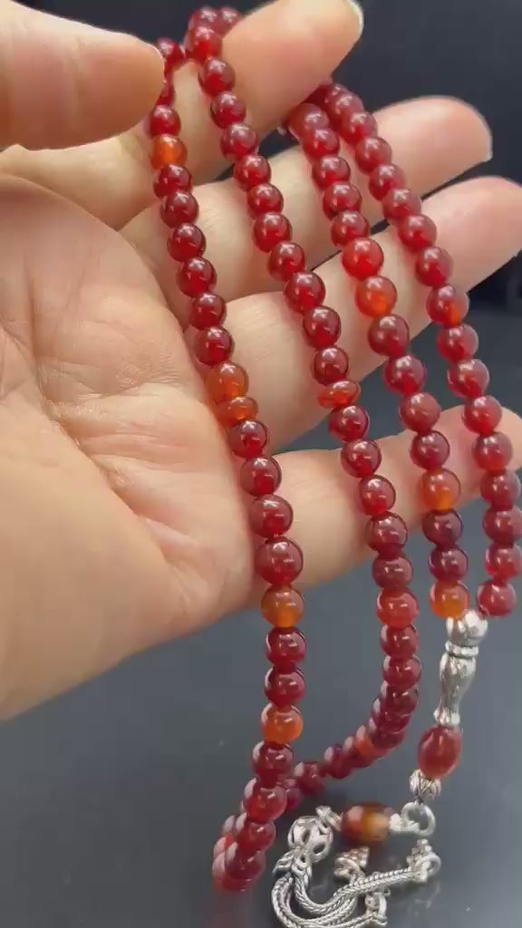 Handgefertigter Tasbih 99, 6mm, natürlicher roter Achat Edelstein, islamisches tesbih, Misbaha, 925 Sterling Silbere Quaste, AkueShop
