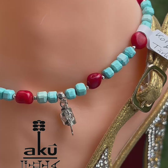 Edelstein Fußkette, Türkisblau Hawlett und Koralle Fußkette natürliche Edelstein 925er Silber Fußkette, AkueShop