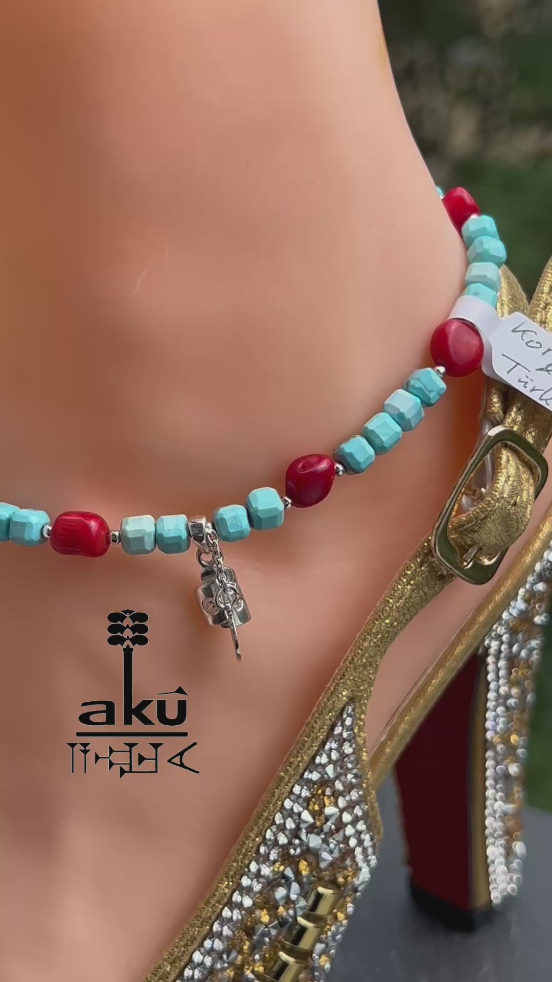 Edelstein Fußkette, Türkisblau Hawlett und Koralle Fußkette natürliche Edelstein 925er Silber Fußkette, AkueShop