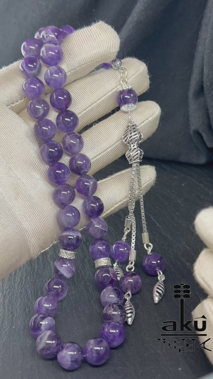 Amethyst tesbih, 925er silbere quaste. 10mm natürliche edelsteine, handgefertigte schmuck, edelstein schmuck, geschenkeideen, schneller versand, akueshop