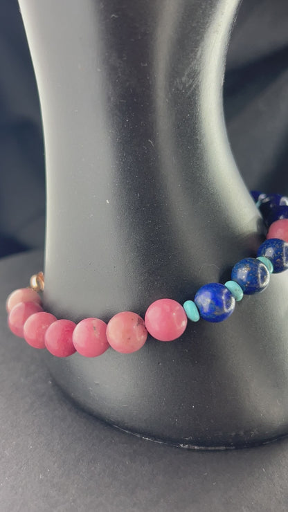 Glücksstein-Armband; Rhodonit & Lapislazuli & Türkis, 925er Rosé Silber, natürliche Edelsteine positive Meditationsenergie