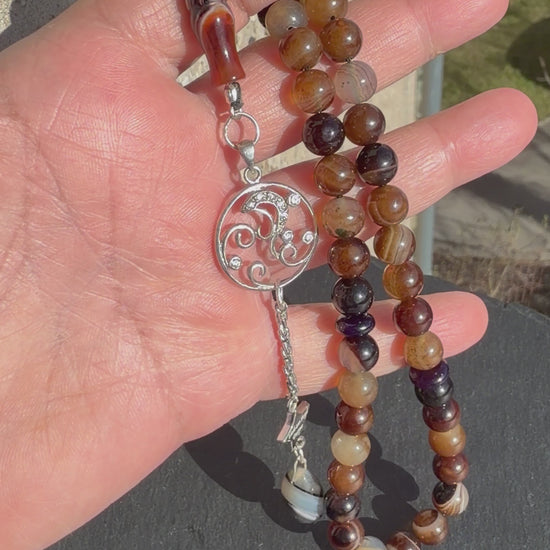 Kaffee Achat Tasbih, 45 Sibha Gebetskette mit 925er Sterlingsilber Quaste Islamisches Geschenk