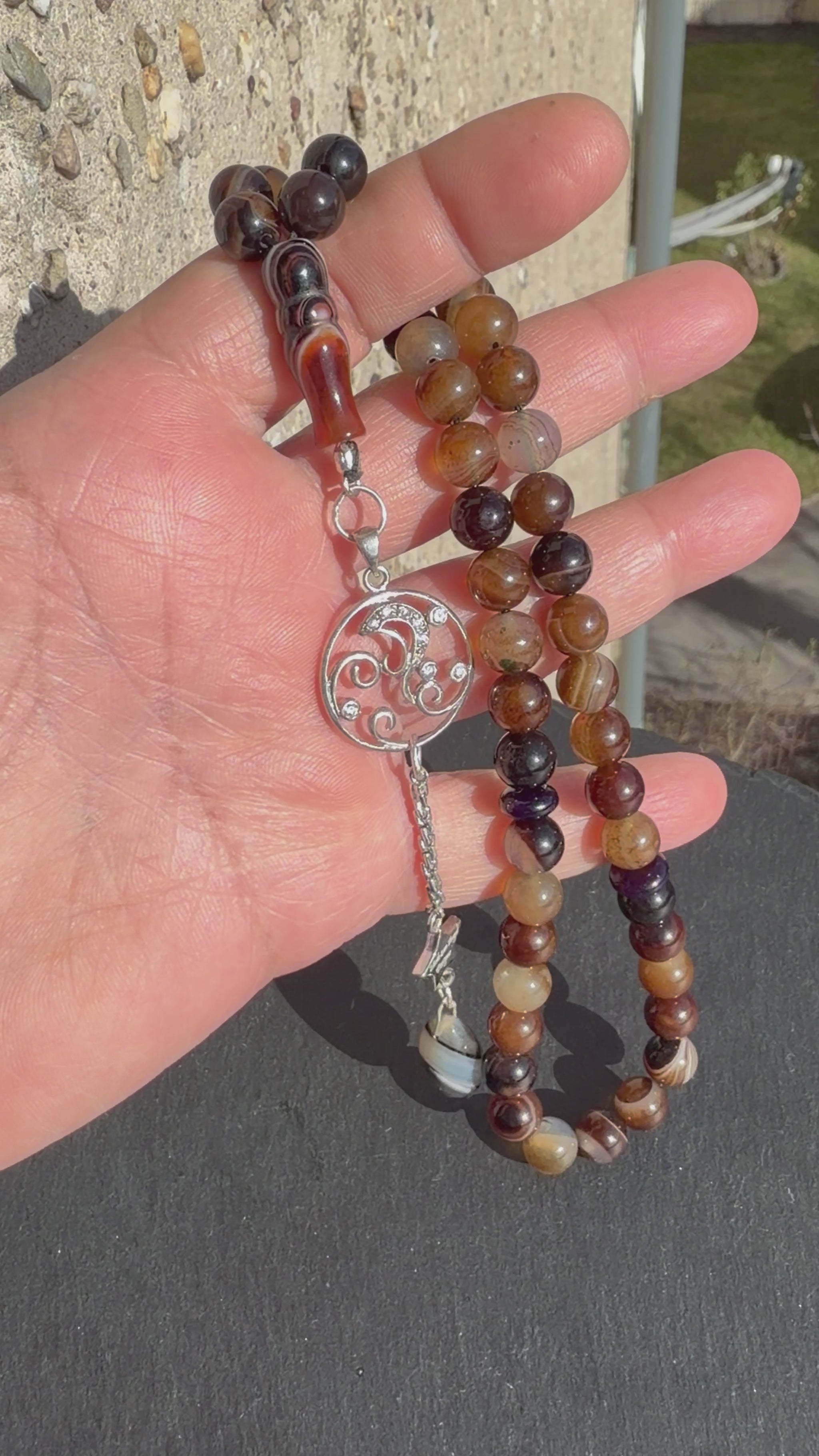 Kaffee Achat Tasbih, 45 Sibha Gebetskette mit 925er Sterlingsilber Quaste Islamisches Geschenk