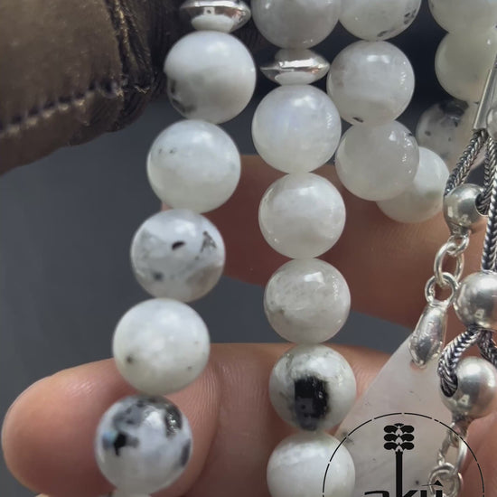 Mondstein Tasbih 925er Silber Quaste natürliche Edelstein Sibha Regenbogen Indischer Mondstein. Tasbih