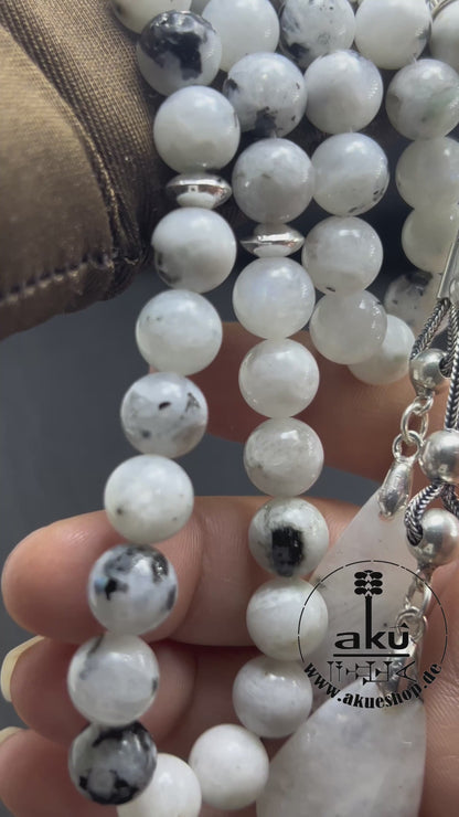 Mondstein Tasbih 925er Silber Quaste natürliche Edelstein Sibha Regenbogen Indischer Mondstein. Tasbih