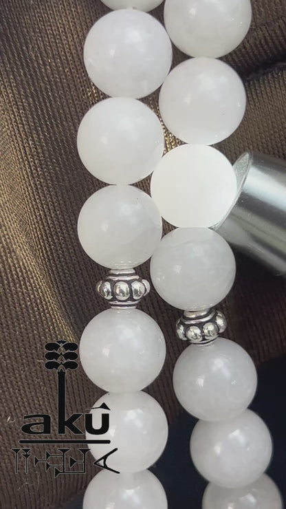 Weiße Jade Tasbih 925er Sterlingsilbere Quaste Elegant & Friedvoll Sibaha, AkueShop, islamische tesbih, muslimische misbaha