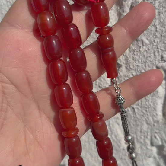 Rote Gebetskette aus natürlichen Achat -Akik- 33 Perlen, Große Tasbih, 925er Sterlingsilber-Quaste, Islamisches Geschenk, Meditationskette