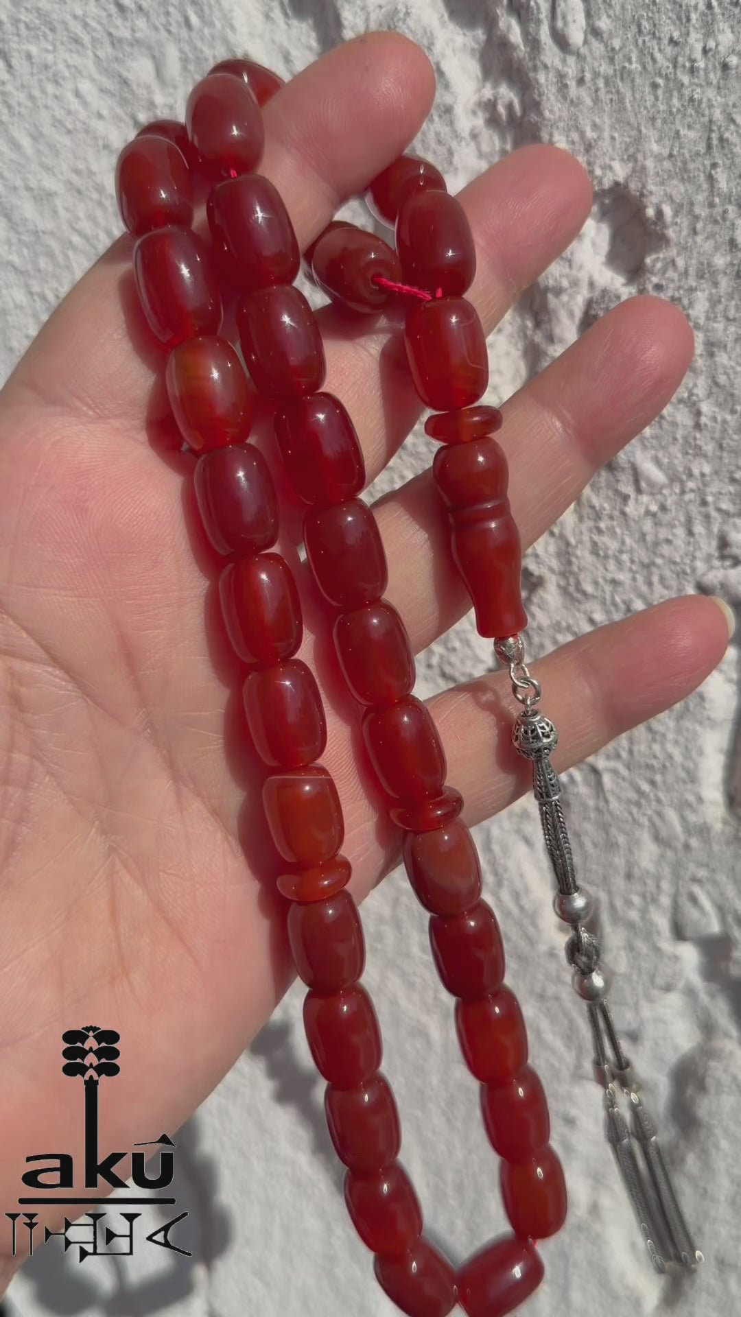 Rote Gebetskette aus natürlichen Achat -Akik- 33 Perlen, Große Tasbih, 925er Sterlingsilber-Quaste, Islamisches Geschenk, Meditationskette