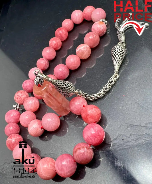 Rhodochrosit-Tasbih Gebetsperlen Rosenkranz Misbaha Ethnischer Schmuck Ramadan Eid Islamisches Geschenk, 925er silbere quaste, islamische geschenke