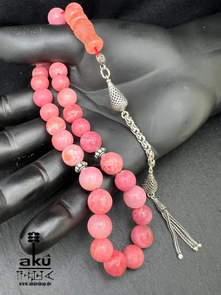 Rhodochrosit-Tasbih Gebetsperlen Rosenkranz Misbaha Ethnischer Schmuck Ramadan Eid Islamisches Geschenk, 925er silbere quaste, islamische geschenke