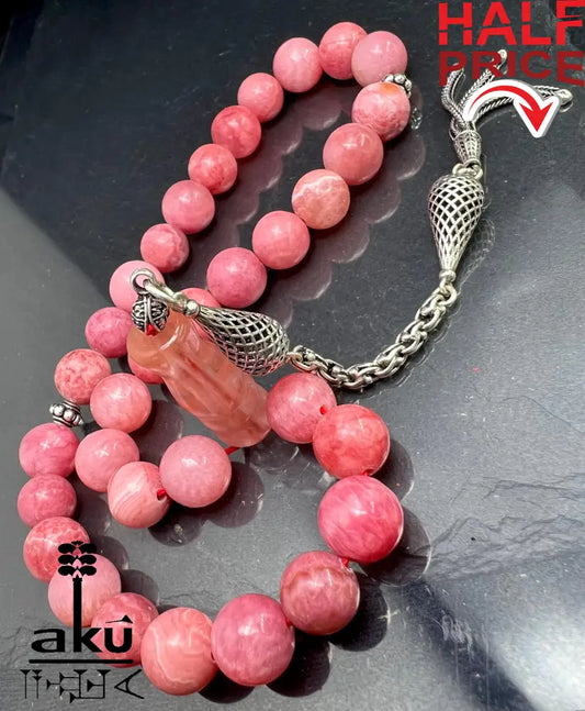 Rhodochrosit-Tasbih Gebetsperlen Rosenkranz Misbaha Ethnischer Schmuck Ramadan Eid Islamisches Geschenk, 925er silbere quaste, islamische geschenke